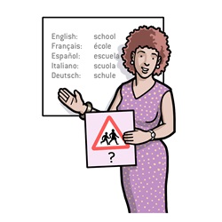Female teacher showing road sign and word 