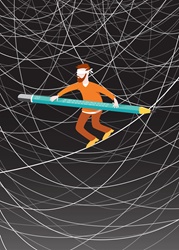 Blindfolded man walking tightrope balancing with pencil among lots of tangled lines