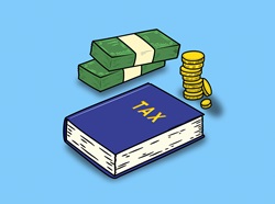 Money and tax book on blue background