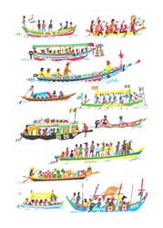 People traveling in different traditional boats