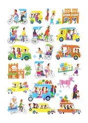 People traveling in different land vehicles in India