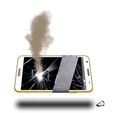 Damaged, dropped, cell phone with broken glass and smoke wrapped with duct tape