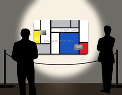 Silhouettes of two men looking at Mondrian's style credit card in gallery
