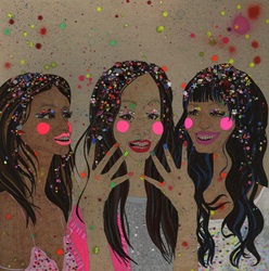 Three friends wearing sequins and glitter nail varnish
