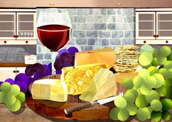 Still life with cheese, grapes and red wine