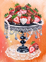 Heap of decorated chocolate coated strawberries on ornate cakestand