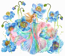 Woman in flowing multicoloured dress among huge flowers