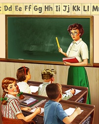 Retro vintage elementary school teacher and pupils in classroom