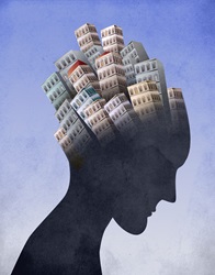 Man with buildings on head