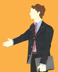 Side view of man reaching out hand on orange background