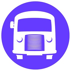 Bus in blue circle on white background