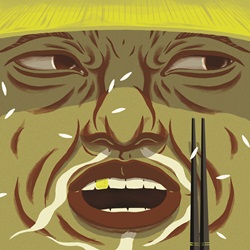 Man's face with chopsticks and white rice in foreground