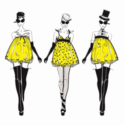 Three fashion models side by side approaching camera wearing yellow mini dresses