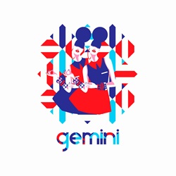 Twin fashion models in geometric pattern as gemini zodiac sign