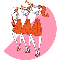 Women playing wind instruments against pink semi-circle