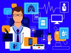 Doctor and computer technology in healthcare montage