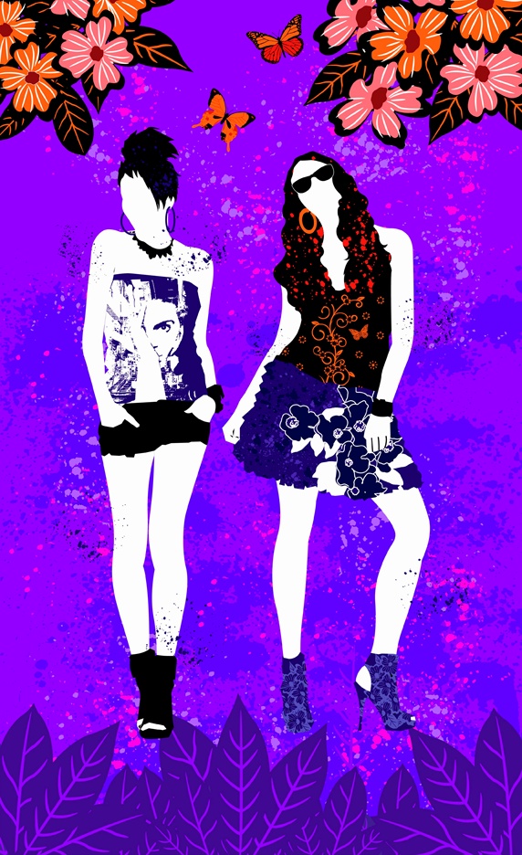 Fashionable teenage girls posing in purple countryside