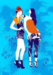 Two fashionable women on blue