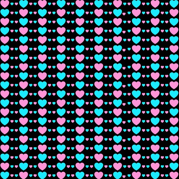 Blue and pink hearts on black background