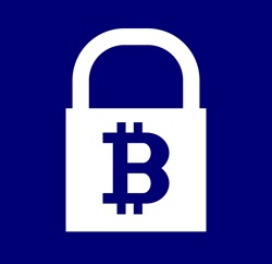 Bitcoin symbol on padlock against blue background