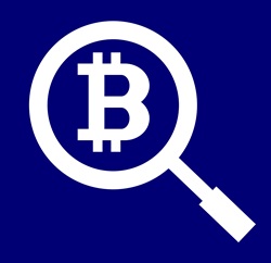 Bitcoin symbol and magnifying glass against blue background