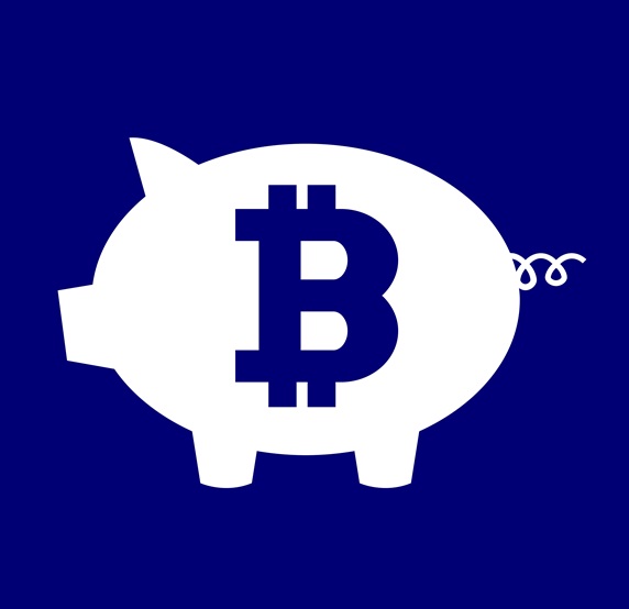 Piggy bank with Bitcoin symbol against blue background