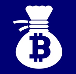 Money bag with Bitcoin symbol against blue background