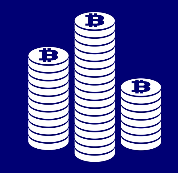 Stacks of Bitcoins against blue background