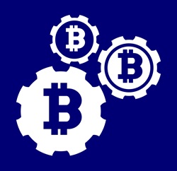 Cog wheels with Bitcoin symbols against blue background