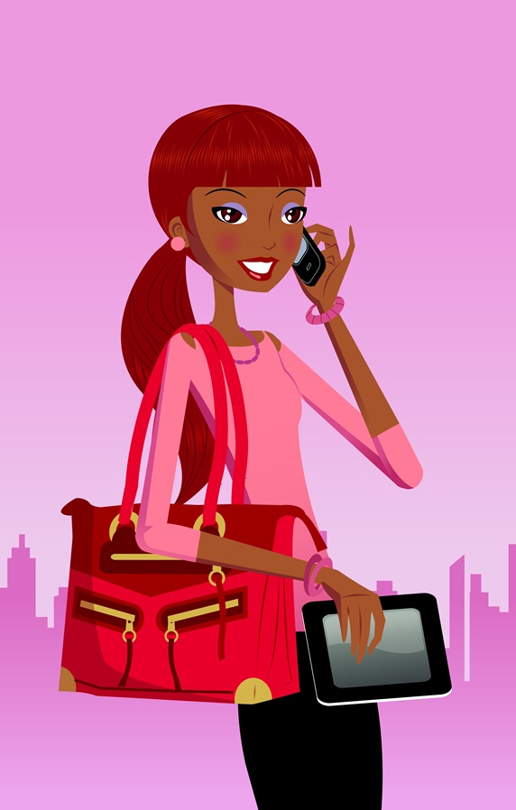Smiling woman holding digital tablet and talking on mobile phone