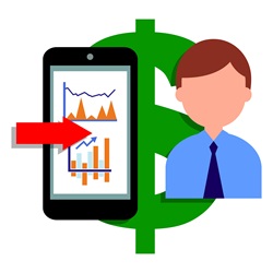 Businessman, dollar sign and smart phone with graphs