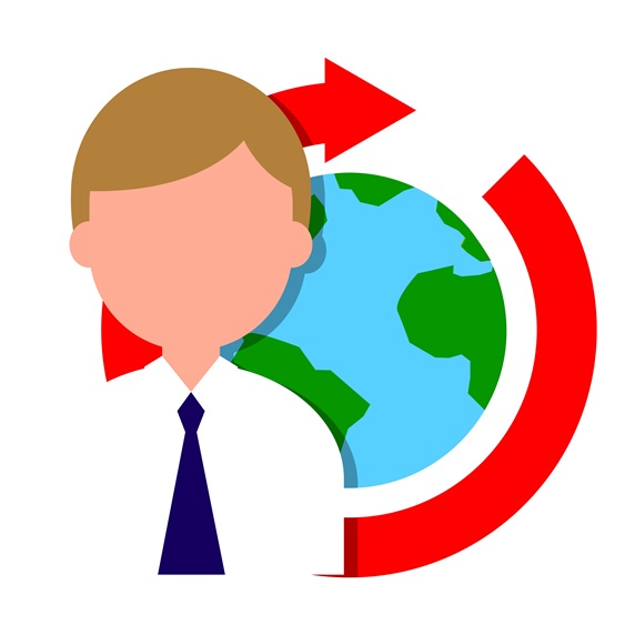 Man with planet Earth surrounded with red arrow in background