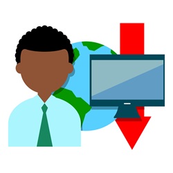 Businessman with computer monitor, planet Earth and red arrow sign