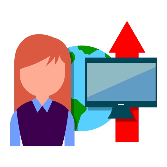 Businesswoman with computer monitor, planet Earth and red arrow sign
