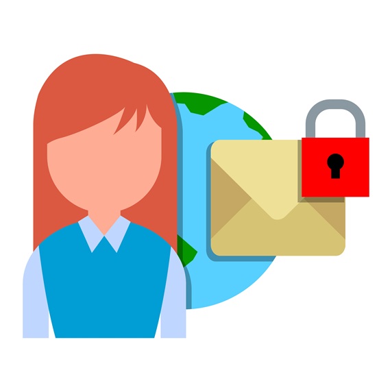 Woman with planet Earth and envelope with padlock