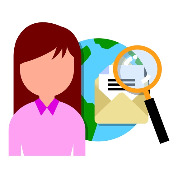Woman with planet Earth and envelope with magnifying glass