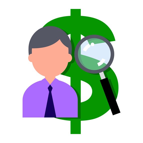Businessman with green dollar sign and magnifying glass