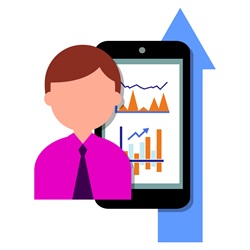 Businessman with smart phone with graphs and arrow sign