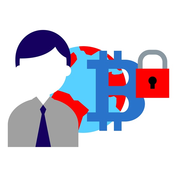 Man with planet Earth and bitcoin symbol with padlock