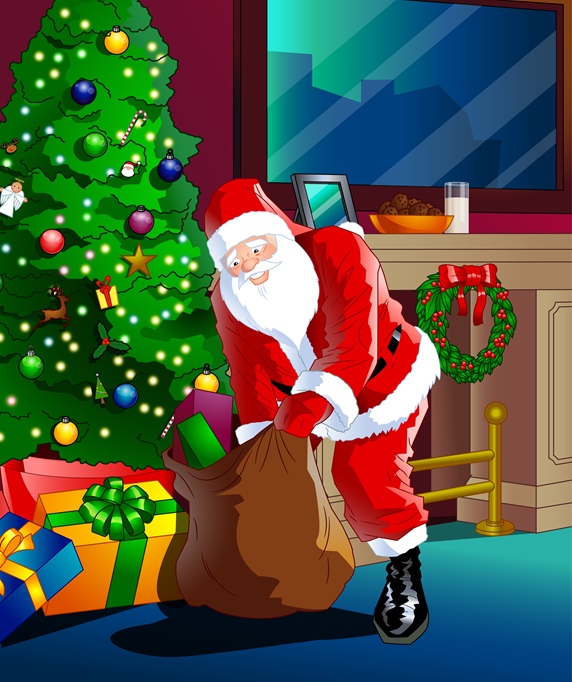 Santa Claus unloading bag in house