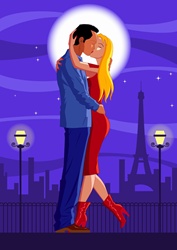 Couple kissing against full moon and Eiffel Tower, Paris, France