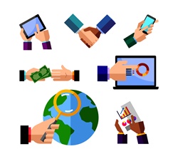 Icons representing global business and communication in modern times