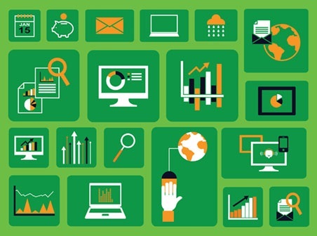 Various computer icons on green background
