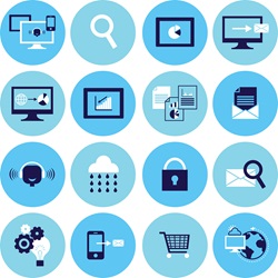 Various computer icons in blue circles