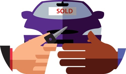 Car dealer giving key to client