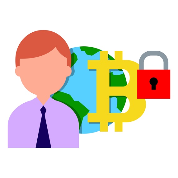 Man with planet Earth and bitcoin symbol with padlock