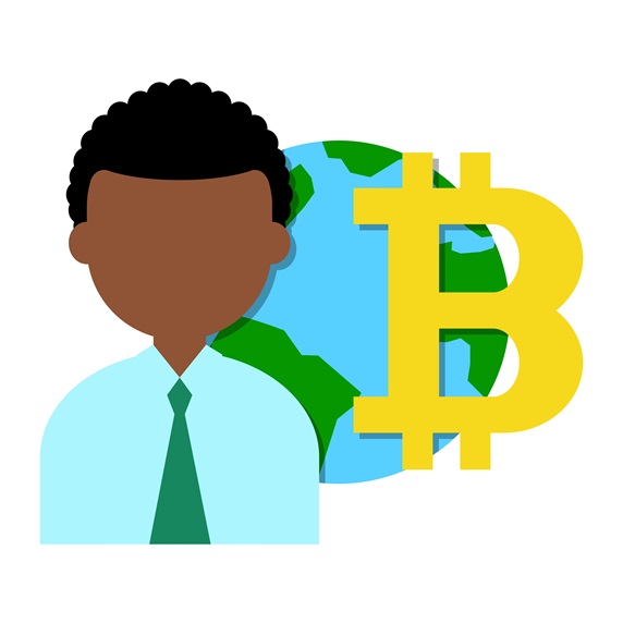 Man with planet Earth and bitcoin symbol