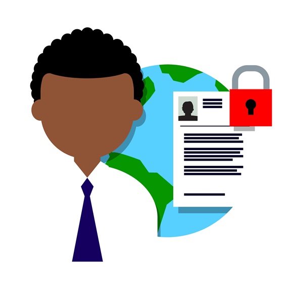 Man with globe and application form with padlock