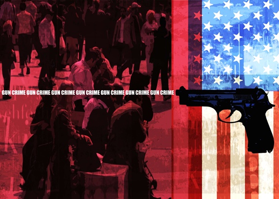 Crowded street, American flag, handgun and sign 'gun crime'