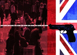Crowded street, British flag, handgun and sign 'gun crime'